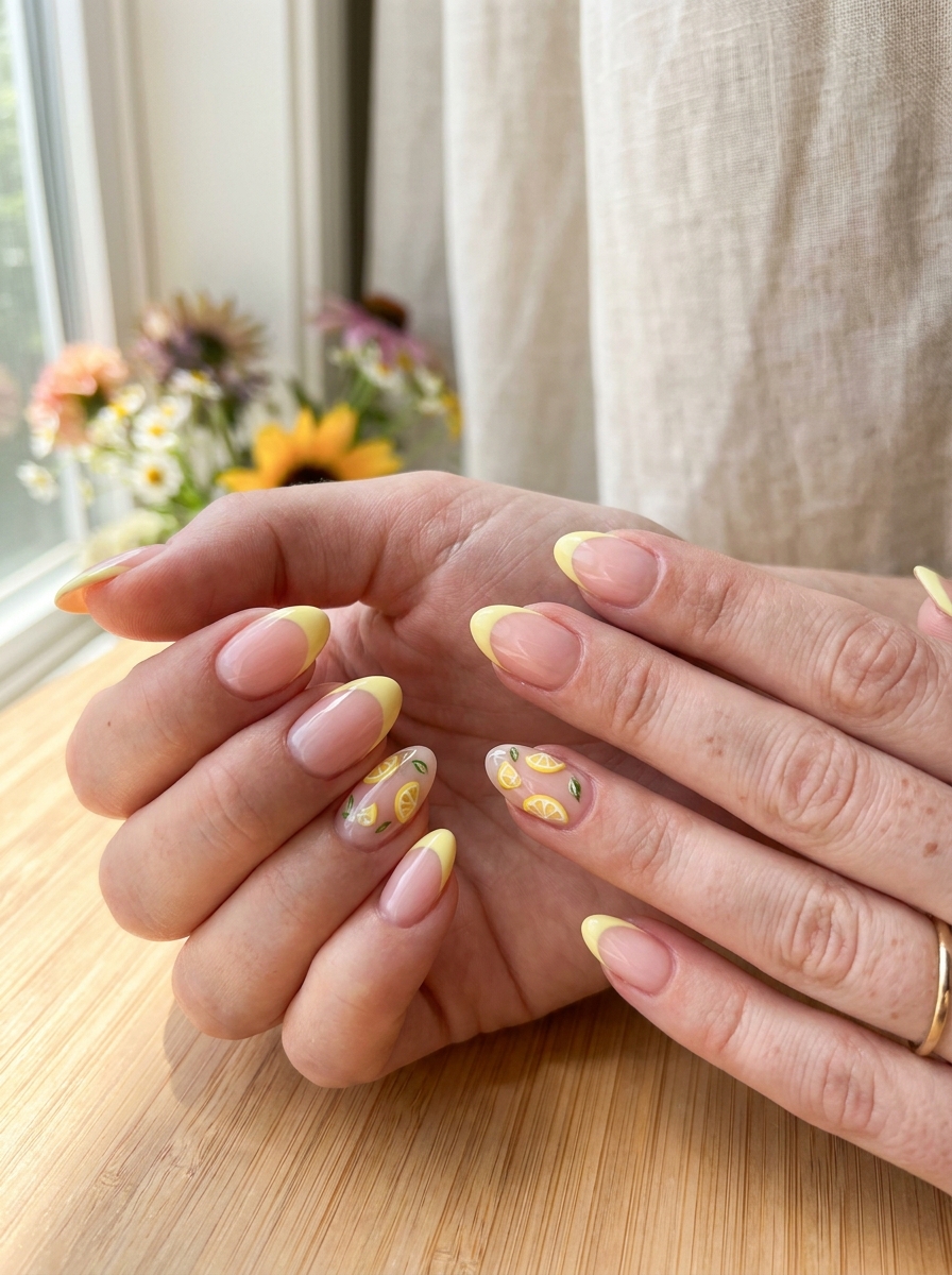 Lemon French Tips mit gelben Spitzen und zarten Zitronen Akzenten